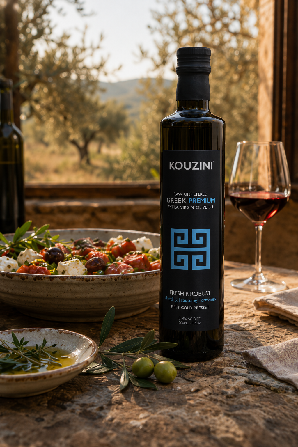 Bottle of Kouzini Greek olive oil on a sunlit Mediterranean terrace