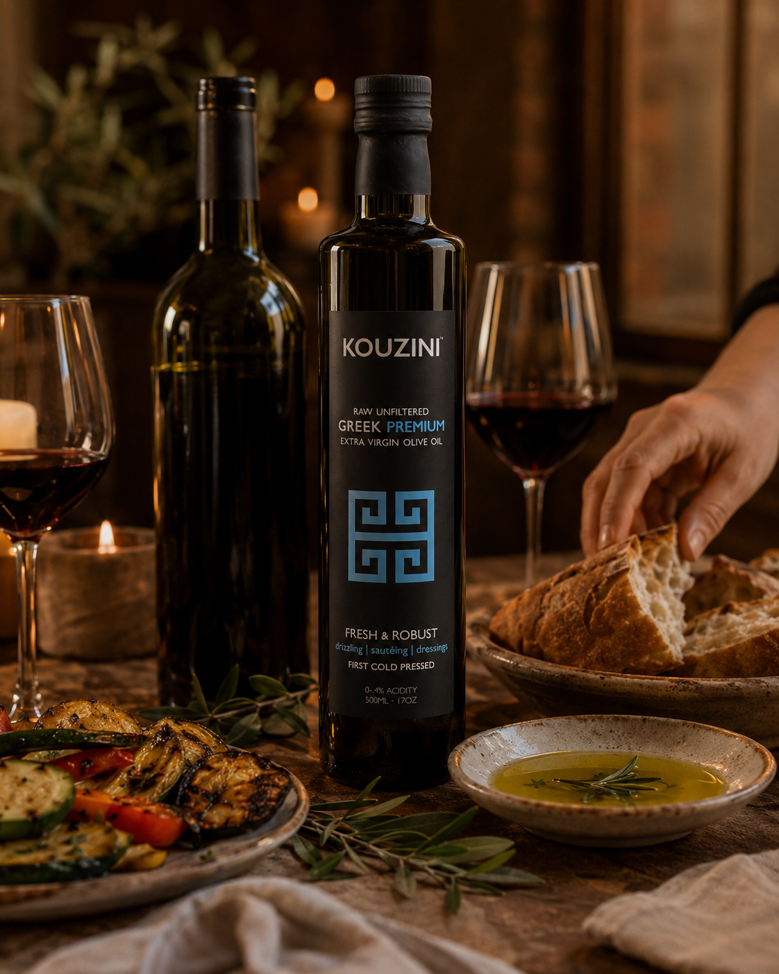 Kouzini olive oil on a table prepared for a Mediterranean meal