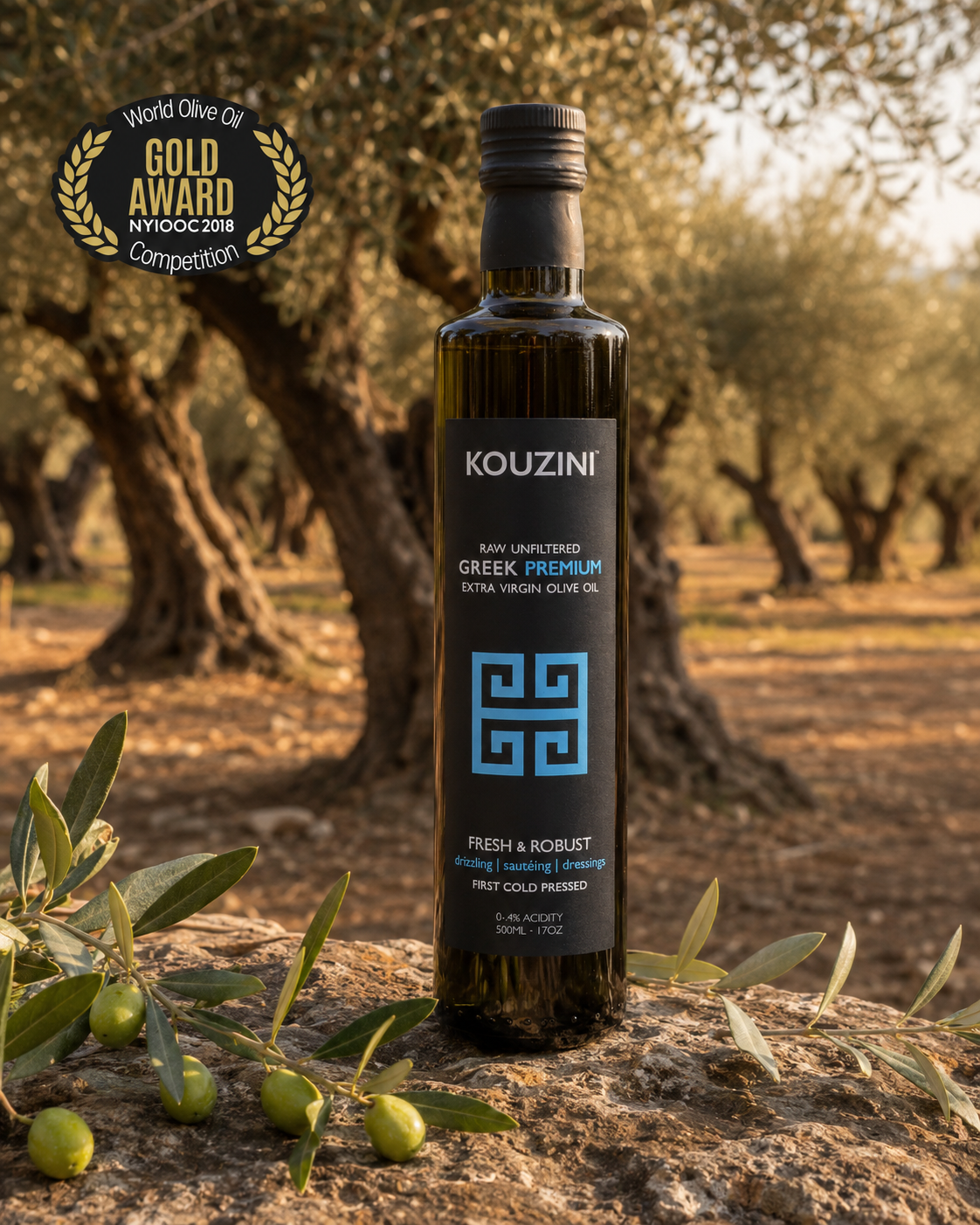 Kouzini olive oil bottle in an olive grove in Lakonia, Greece