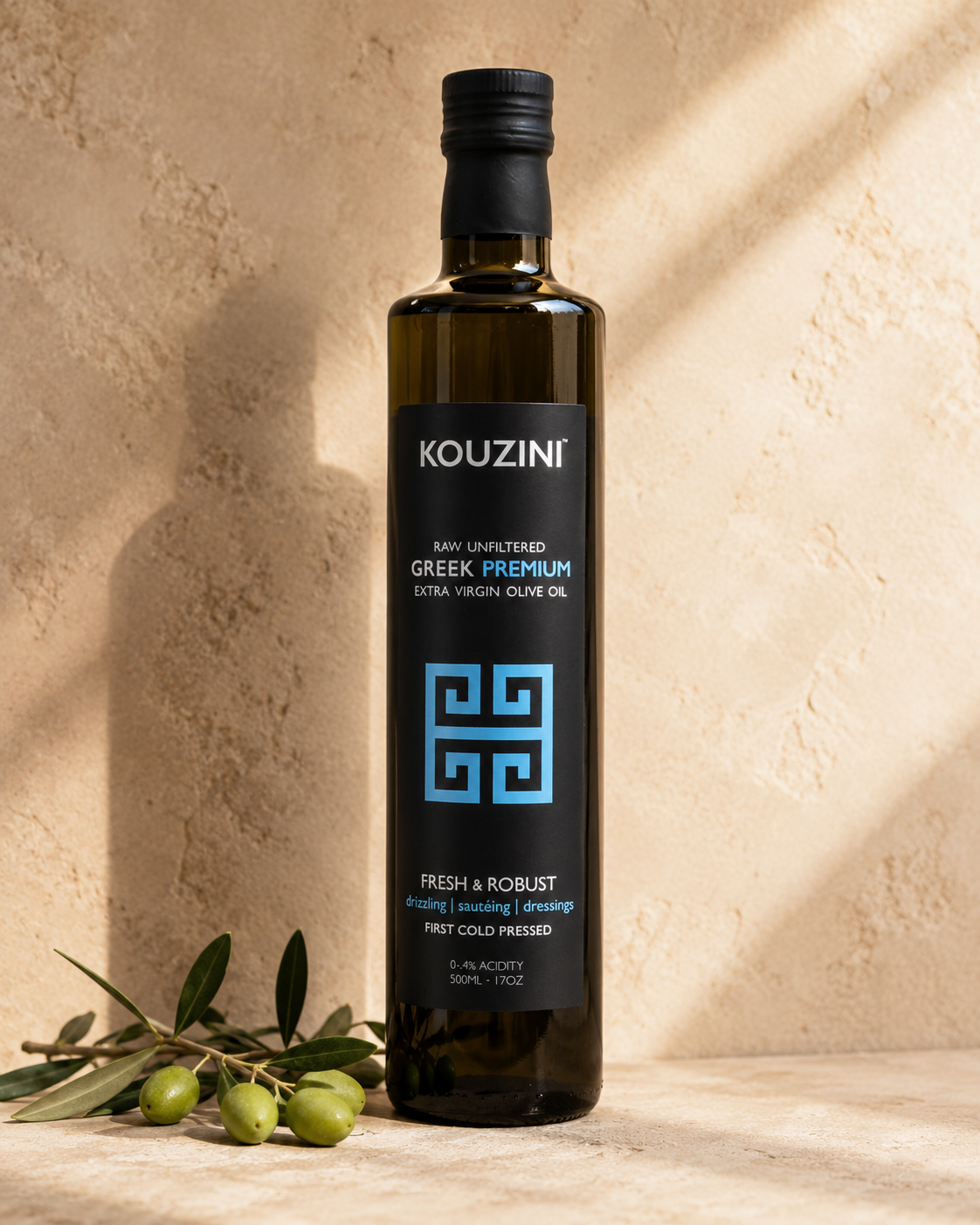 Bottle of Kouzini raw unfiltered Greek extra virgin olive oil