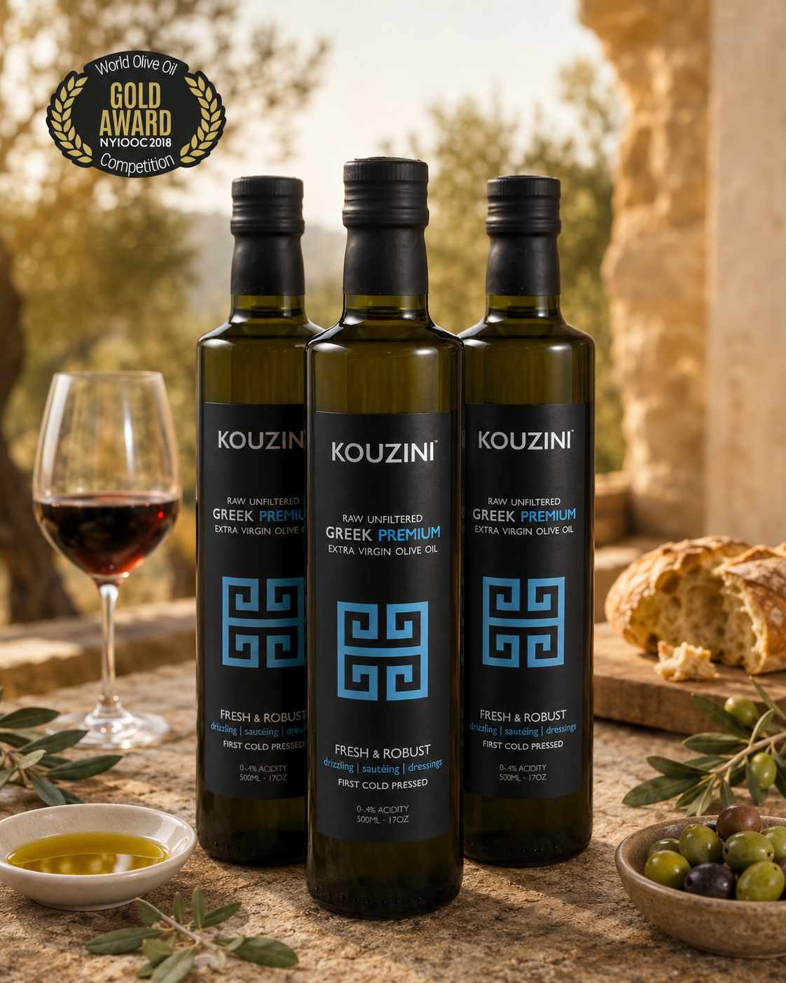 Three bottles of Kouzini unfiltered Greek extra virgin olive oil on a Mediterranean table
