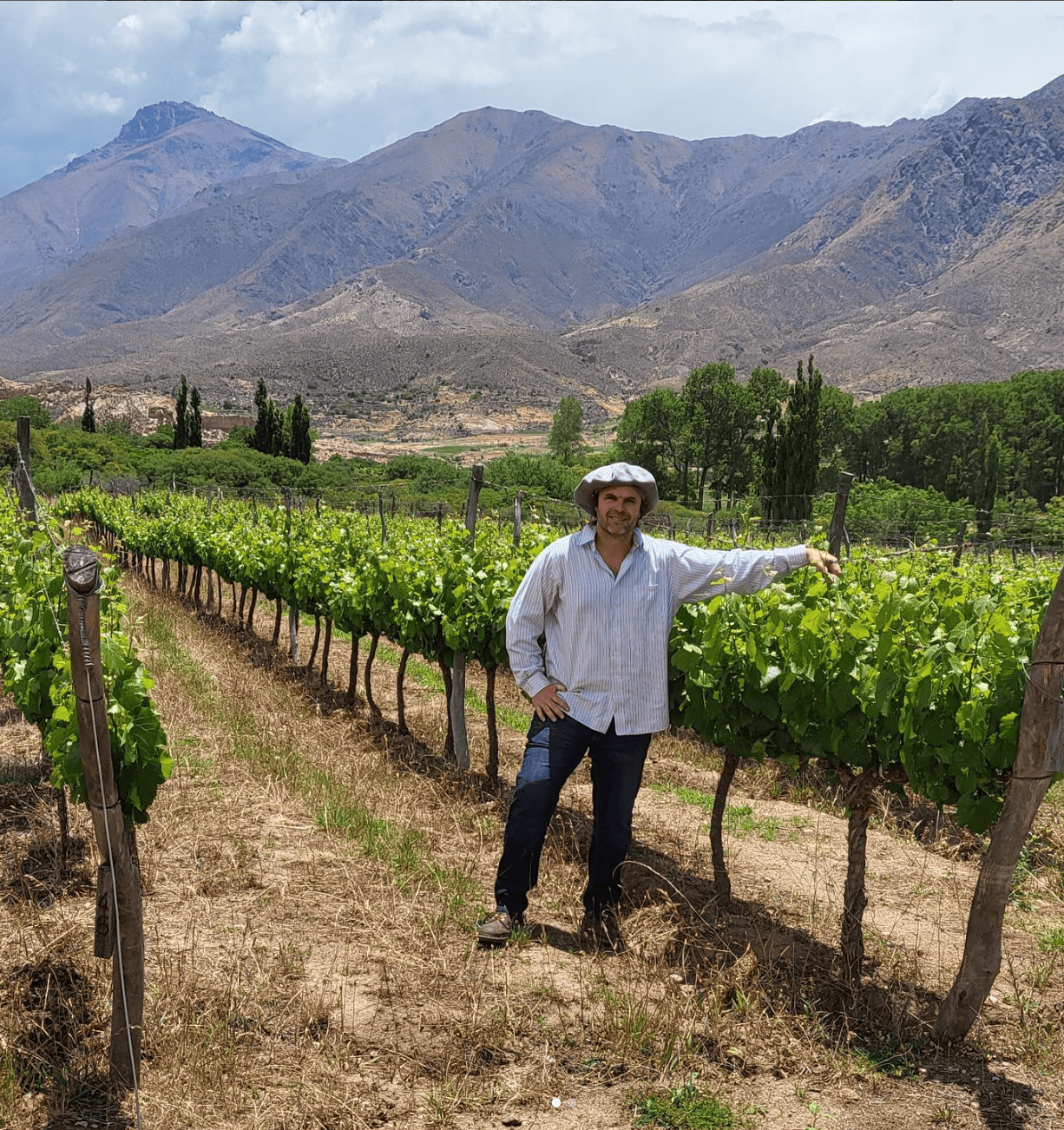 Agustín Lanús standing in one of his vineyards beneath the Calchaquí mountains.
