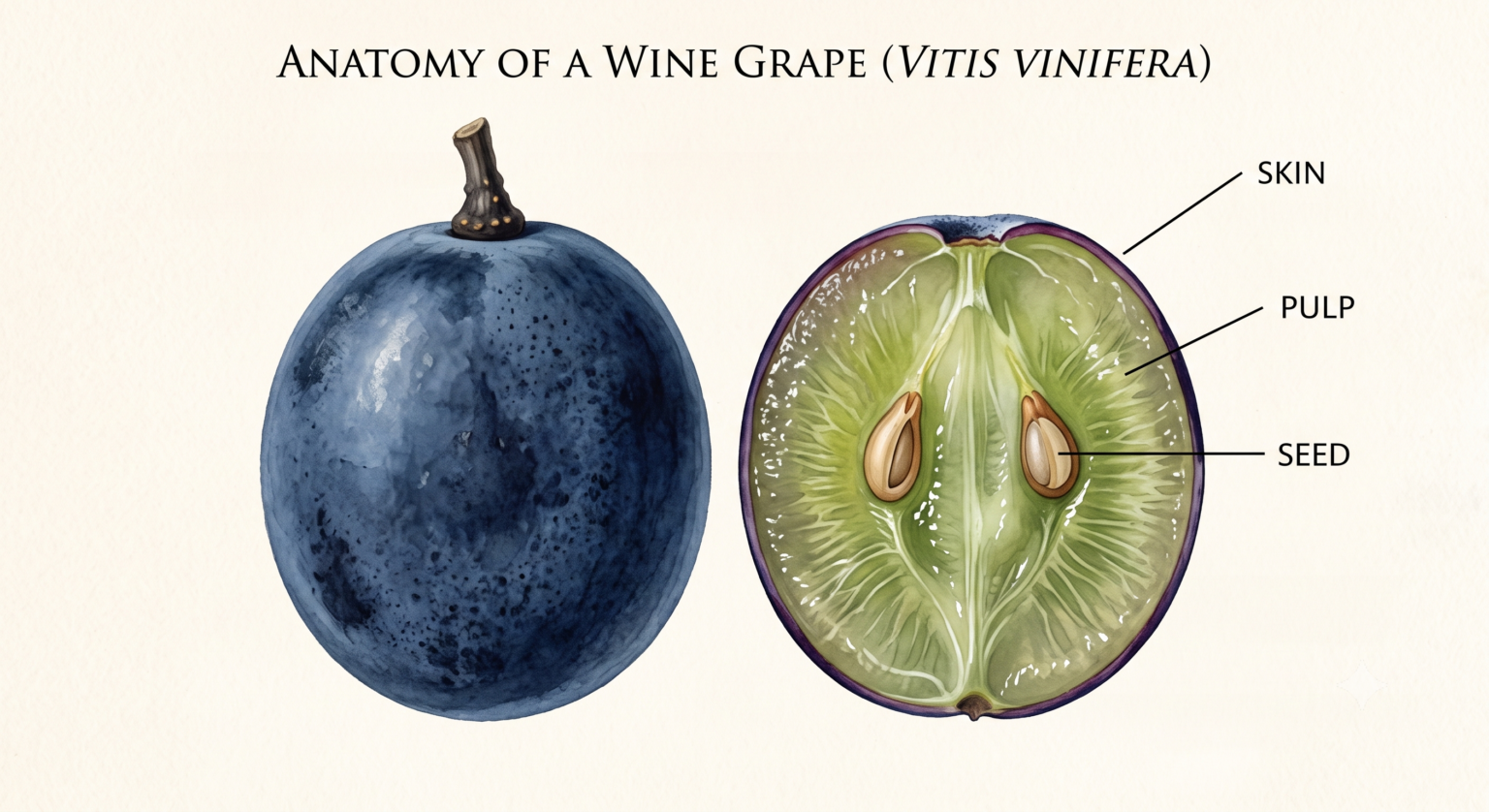 Anatomy of a wine grape (Vitis vinifera): a whole dark blue grape beside a cut cross-section, labelled skin, pulp and seed.