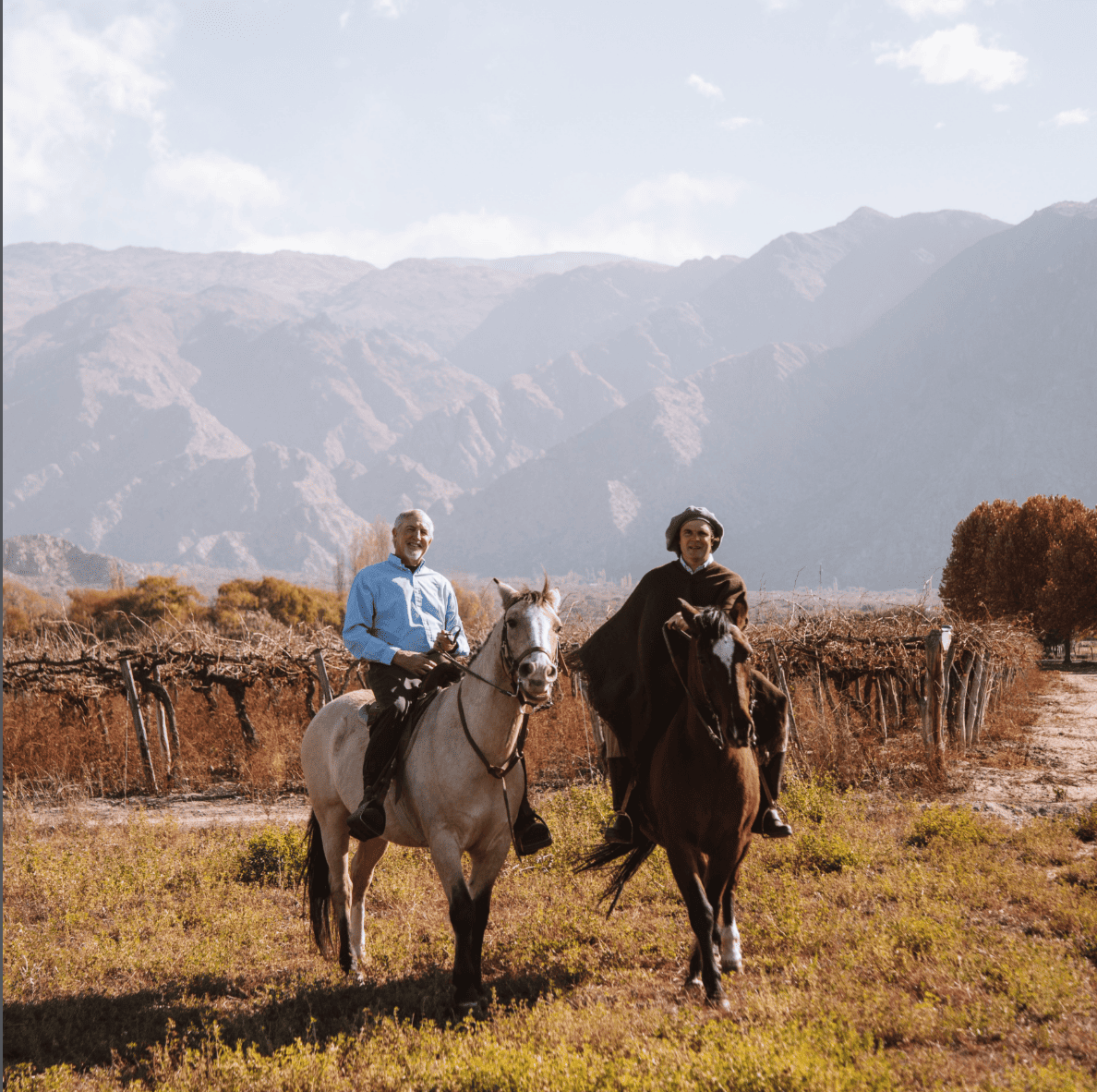 Two riders on horseback among the vines beneath the Calchaquí mountains.