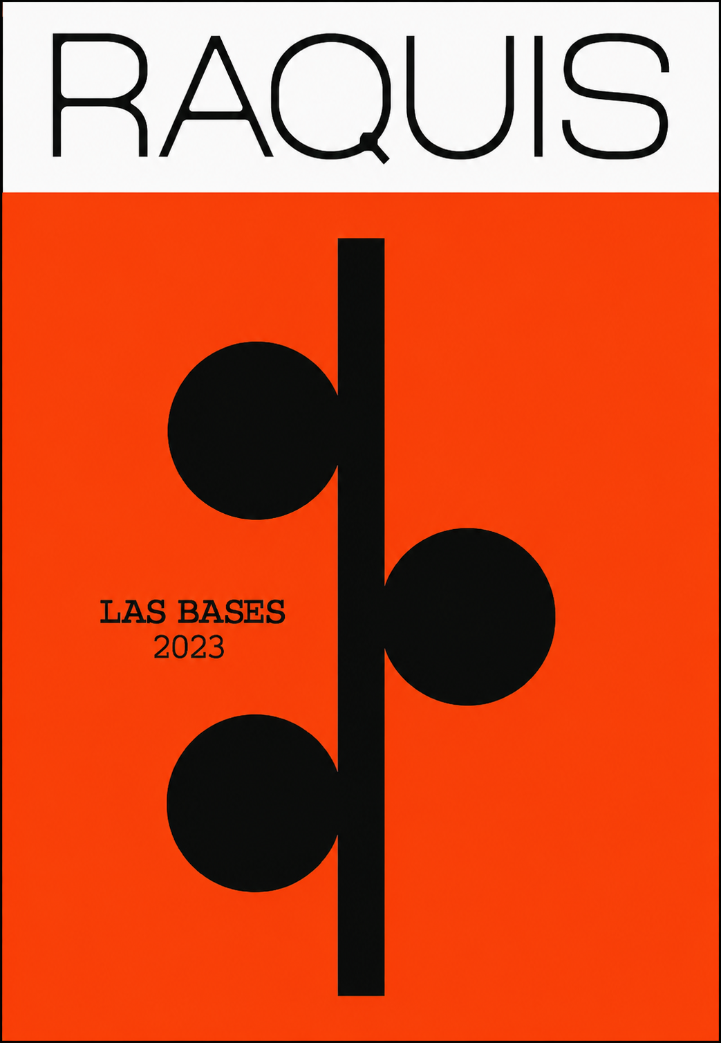 Raquis Las Bases 2023 label: the RAQUIS wordmark above a black backbone of three circles on vermilion