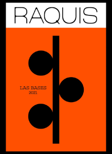 Raquis Las Bases label artwork: black circles on vermilion, arranged around a vertical backbone