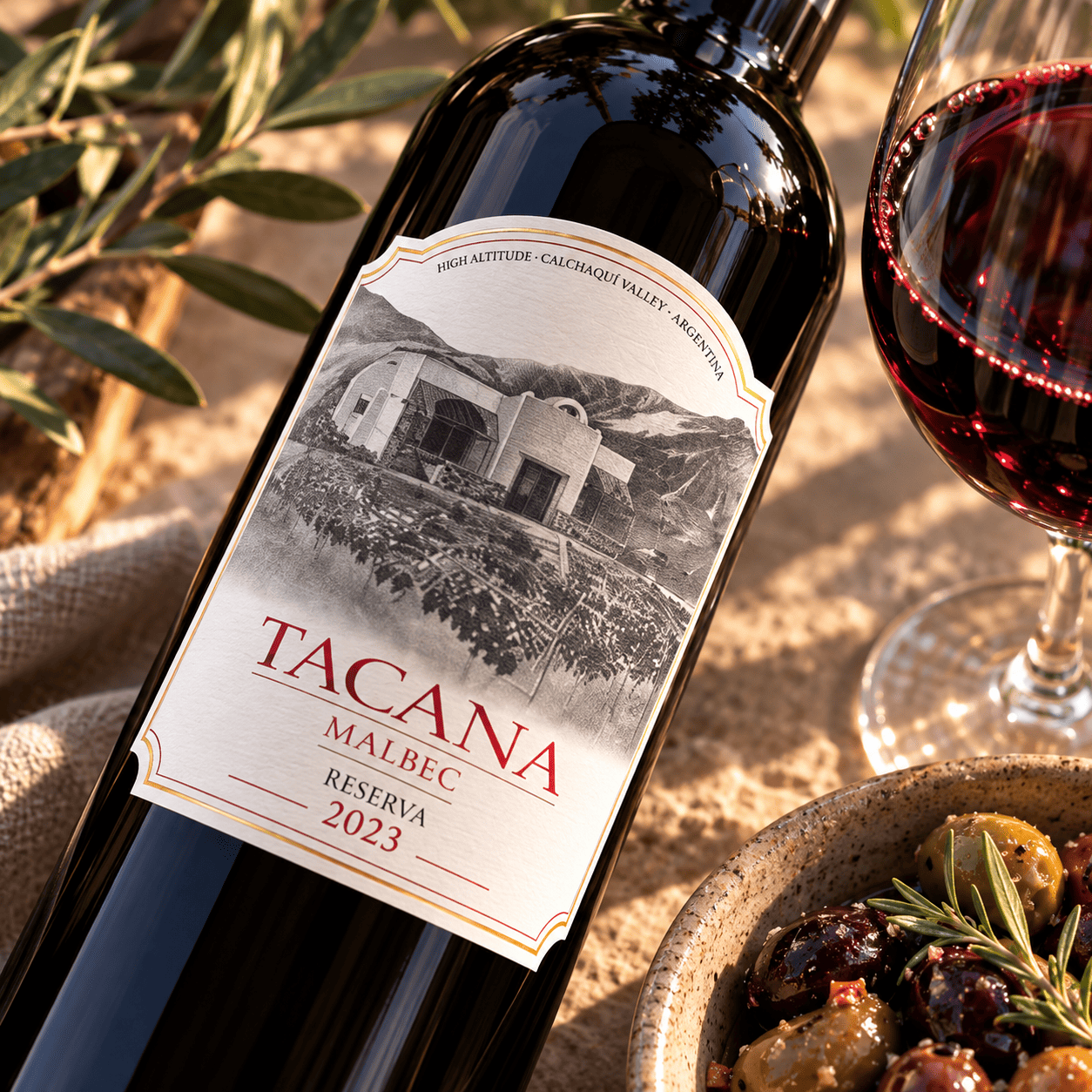 Tacana Reserva 2023 with olives and a glass of Malbec