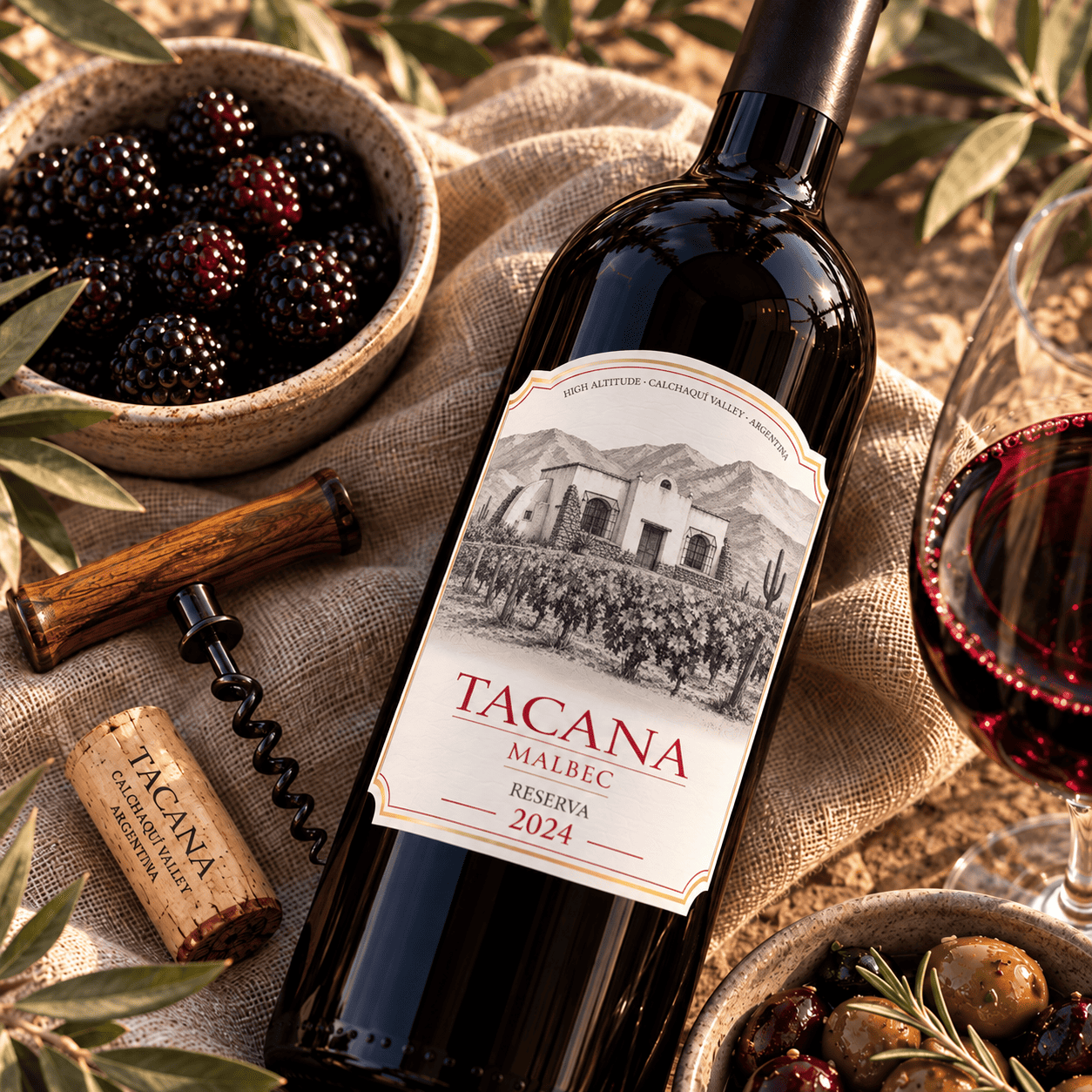 Tacana Reserva 2024 with blackberries, a corkscrew and a glass