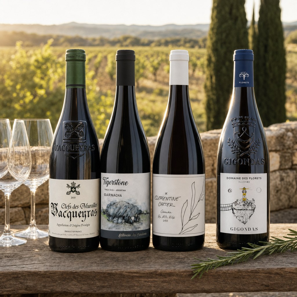 The four Grenache Day wines on a terrace in the southern Rhône