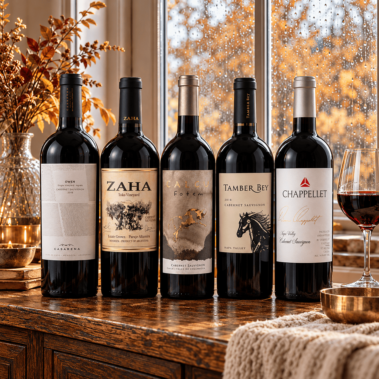The Fall Cabernet collection: Casarena Owen's Vineyard 2019, Teho ZaHa 2022, Calcu Fotem 2019, Tamber Bey 2018 and Chappellet Signature 2020